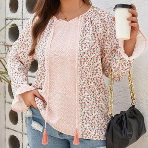 Plus Size V Neck Dotty Floral Patchwork Long Sleeve Blouse
